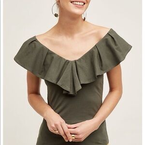 Eri + Ali Anthropologie Ruffle off Shoulder Olive Green Khaki Short Sleeve Top